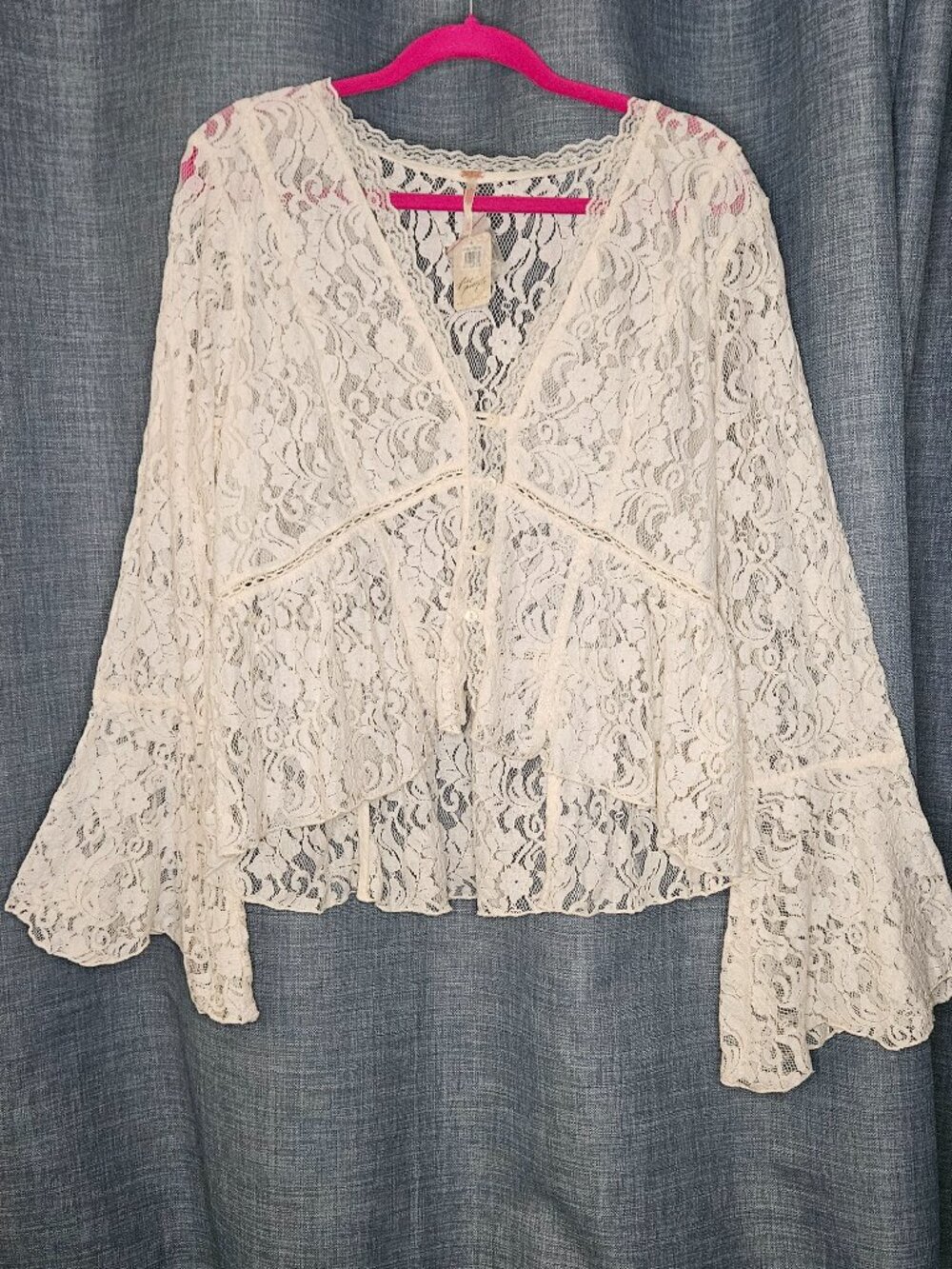 NWT Free People Ivory Lace Bell Sleeve Top Blouse XL $148